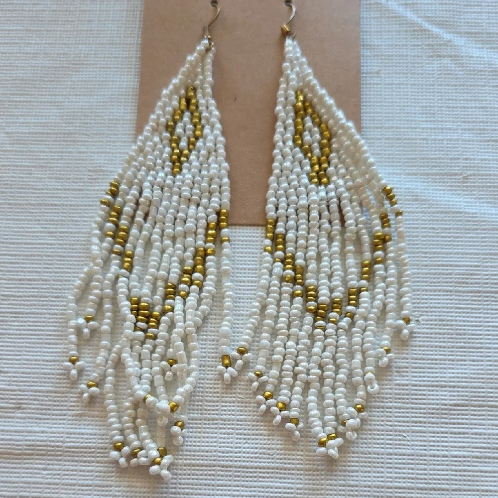 Elegant White and Gold Beaded Earrings